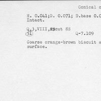 Index card with typed and handwritten information, sometimes including a sketch, of pottery from an excavation.