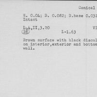 Index card with typed and handwritten information, sometimes including a sketch, of pottery from an excavation.