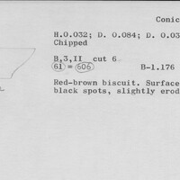 Index card with typed and handwritten information, sometimes including a sketch, of pottery from an excavation.