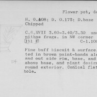 Index card with typed and handwritten information, sometimes including a sketch, of pottery from an excavation.