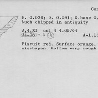 Index card with typed and handwritten information, sometimes including a sketch, of pottery from an excavation.