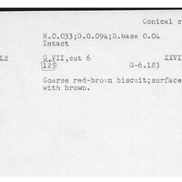 Index card with typed and handwritten information, sometimes including a sketch, of pottery from an excavation.