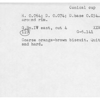 Index card with typed and handwritten information, sometimes including a sketch, of pottery from an excavation.