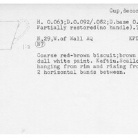 Index card with typed and handwritten information, sometimes including a sketch, of pottery from an excavation.