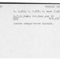 Index card with typed and handwritten information, sometimes including a sketch, of pottery from an excavation.