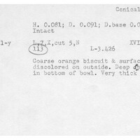 Index card with typed and handwritten information, sometimes including a sketch, of pottery from an excavation.