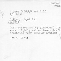 Index card with typed and handwritten information, sometimes including a sketch, of pottery from an excavation.