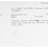 Index card with typed and handwritten information, sometimes including a sketch, of pottery from an excavation.