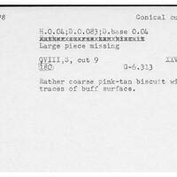 Index card with typed and handwritten information, sometimes including a sketch, of pottery from an excavation.