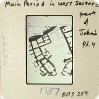 Black and white aerial photograph of an urban area with annotations.