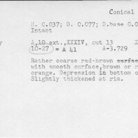Index card with typed and handwritten information, sometimes including a sketch, of pottery from an excavation.
