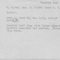 Index card with typed and handwritten information, sometimes including a sketch, of pottery from an excavation.