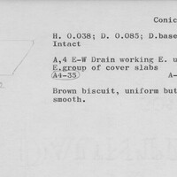Index card with typed and handwritten information, sometimes including a sketch, of pottery from an excavation.
