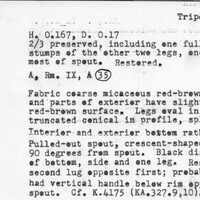 Index card with typed and handwritten information, sometimes including a sketch, of pottery from an excavation.