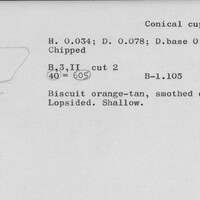Index card with typed and handwritten information, sometimes including a sketch, of pottery from an excavation.