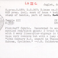 Index card with typed and handwritten information, sometimes including a sketch, of pottery from an excavation.