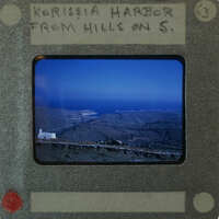 Scenic view of the Korsia Harbor from hills on S.