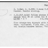 Index card with typed and handwritten information, sometimes including a sketch, of pottery from an excavation.