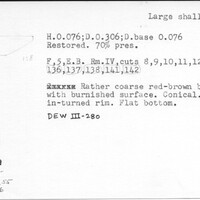 Index card with typed and handwritten information, sometimes including a sketch, of pottery from an excavation.