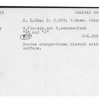 Index card with typed and handwritten information, sometimes including a sketch, of pottery from an excavation.