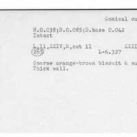 Index card with typed and handwritten information, sometimes including a sketch, of pottery from an excavation.