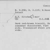 Index card with typed and handwritten information, sometimes including a sketch, of pottery from an excavation.