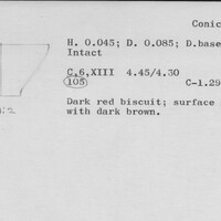 Index card with typed and handwritten information, sometimes including a sketch, of pottery from an excavation.