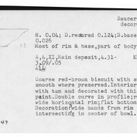 Index card with typed and handwritten information, sometimes including a sketch, of pottery from an excavation.
