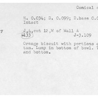 Index card with typed and handwritten information, sometimes including a sketch, of pottery from an excavation.