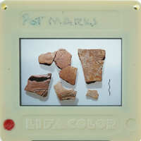 A collection of broken pottery pieces displayed on a white surface.