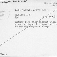 Index card with typed and handwritten information, sometimes including a sketch, of pottery from an excavation.