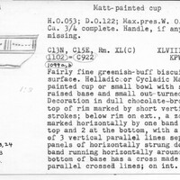 Index card with typed and handwritten information, sometimes including a sketch, of pottery from an excavation.