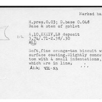Index card with typed and handwritten information, sometimes including a sketch, of pottery from an excavation.