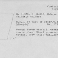 Index card with typed and handwritten information, sometimes including a sketch, of pottery from an excavation.