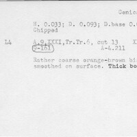 Index card with typed and handwritten information, sometimes including a sketch, of pottery from an excavation.