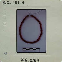 A bracelet with red beads on a white background.