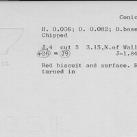 Index card with typed and handwritten information, sometimes including a sketch, of pottery from an excavation.