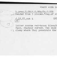 Index card with typed and handwritten information, sometimes including a sketch, of pottery from an excavation.