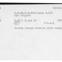 Index card with typed and handwritten information, sometimes including a sketch, of pottery from an excavation.