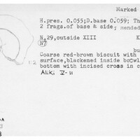 Index card with typed and handwritten information, sometimes including a sketch, of pottery from an excavation.
