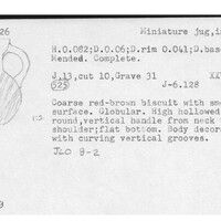 Index card with typed and handwritten information, sometimes including a sketch, of pottery from an excavation.
