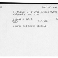 Index card with typed and handwritten information, sometimes including a sketch, of pottery from an excavation.