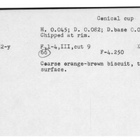 Index card with typed and handwritten information, sometimes including a sketch, of pottery from an excavation.