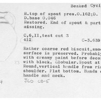Index card with typed and handwritten information, sometimes including a sketch, of pottery from an excavation.