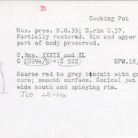 Index card with typed and handwritten information, sometimes including a sketch, of pottery from an excavation.