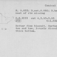 Index card with typed and handwritten information, sometimes including a sketch, of pottery from an excavation.