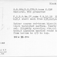 Index card with typed and handwritten information, sometimes including a sketch, of pottery from an excavation.