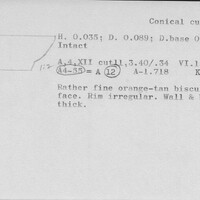 Index card with typed and handwritten information, sometimes including a sketch, of pottery from an excavation.