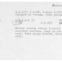 Index card with typed and handwritten information, sometimes including a sketch, of pottery from an excavation.