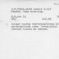 Index card with typed and handwritten information, sometimes including a sketch, of pottery from an excavation.